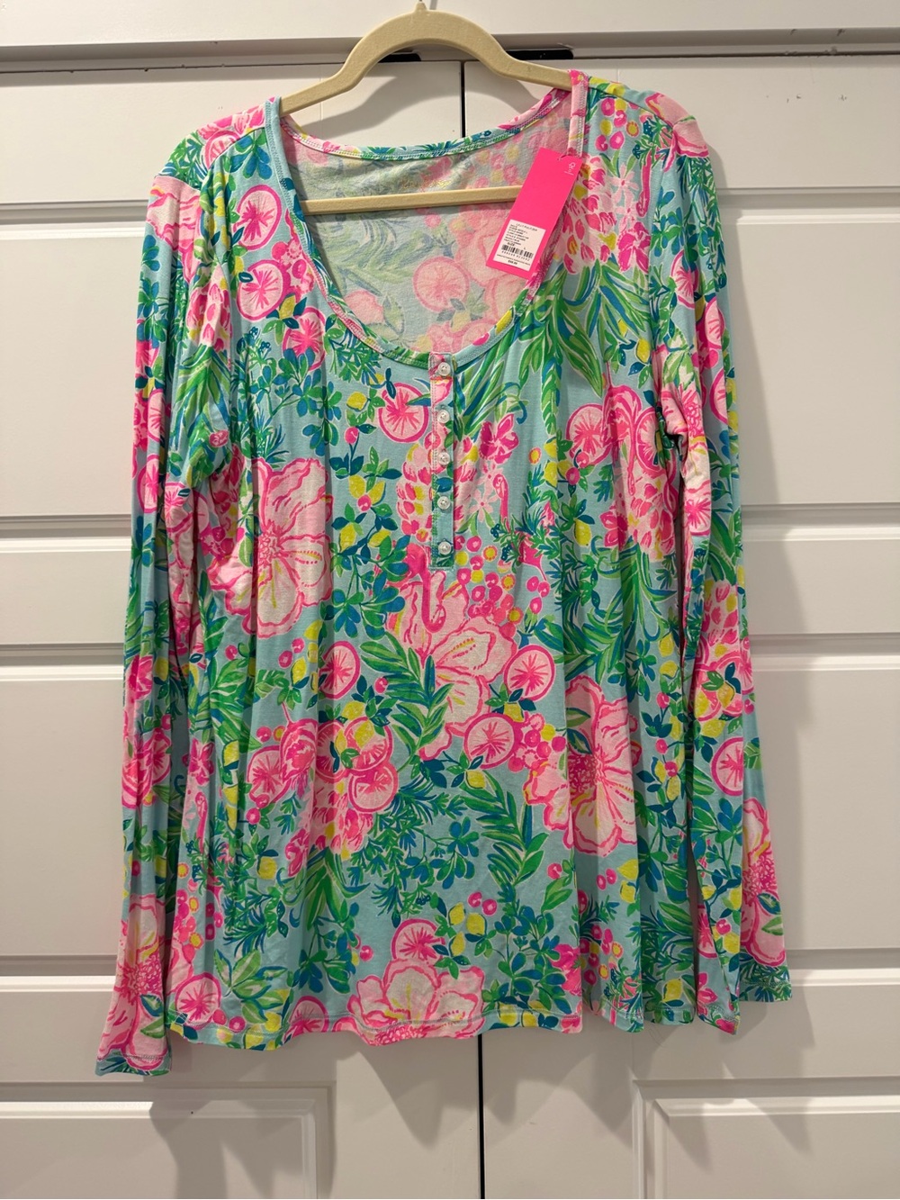 Lily Pullitzer Floral Scoop Neck Long-Sleeve Top - Pink & Aqua
